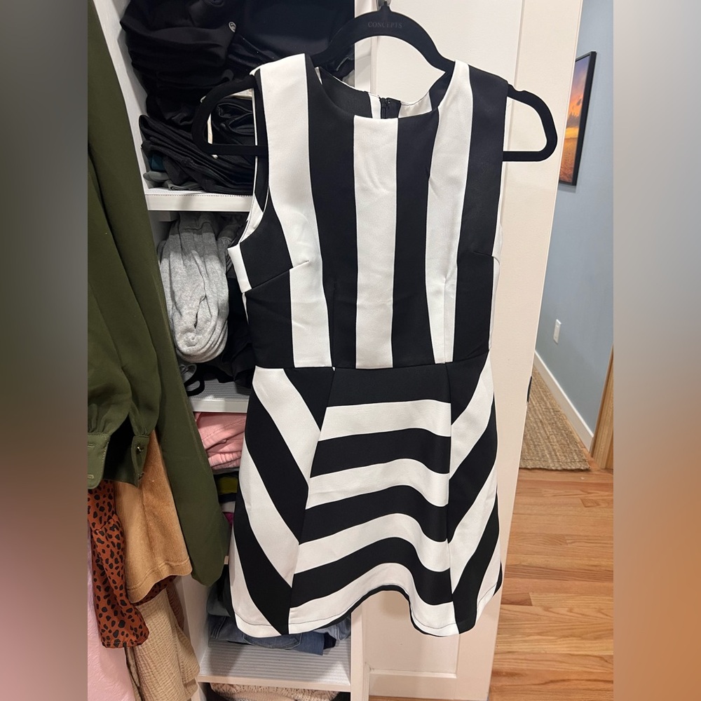AX Paris Black and White Striped Sleeveless Fit & Flare Dress